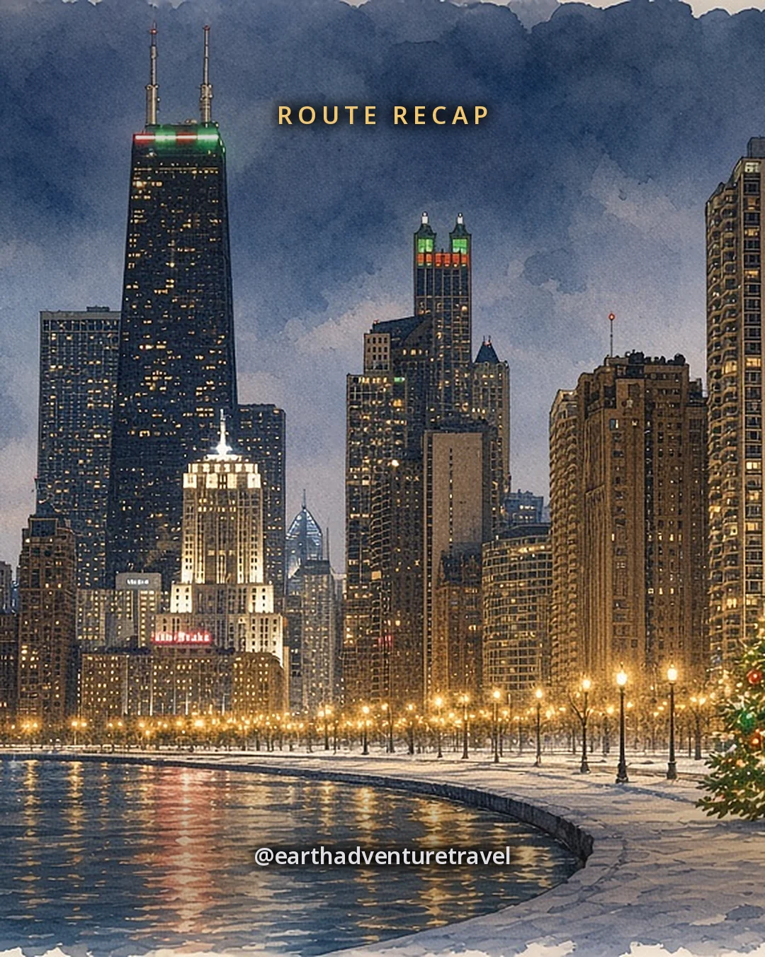 Illustration: the Chicago skyline across the curve of the lake on a winter night, with a lit Christmas tree and lamp posts along the shore, original illustrated recap card