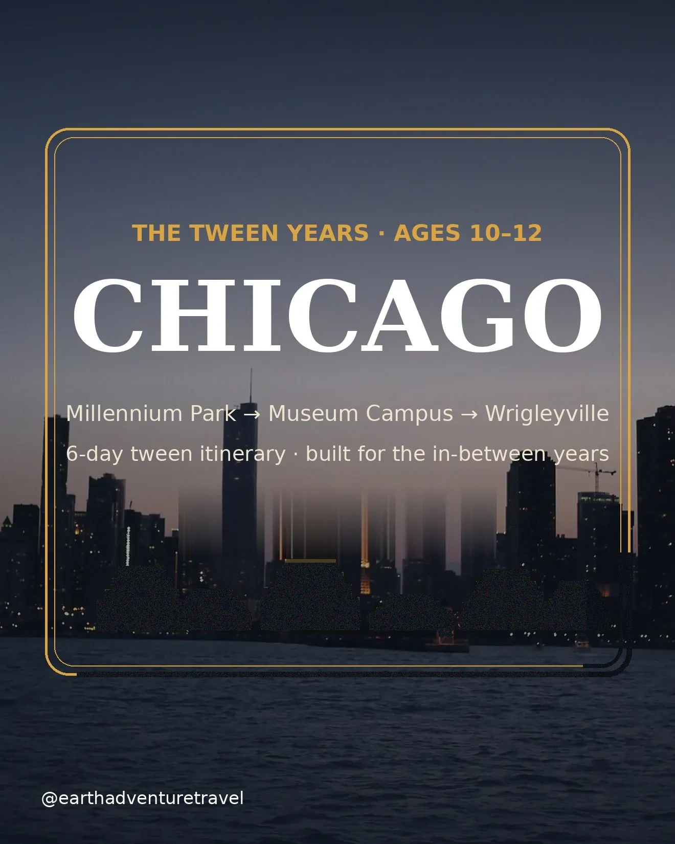 Chicago with tweens itinerary cover: dusk skyline, 6-day route plan