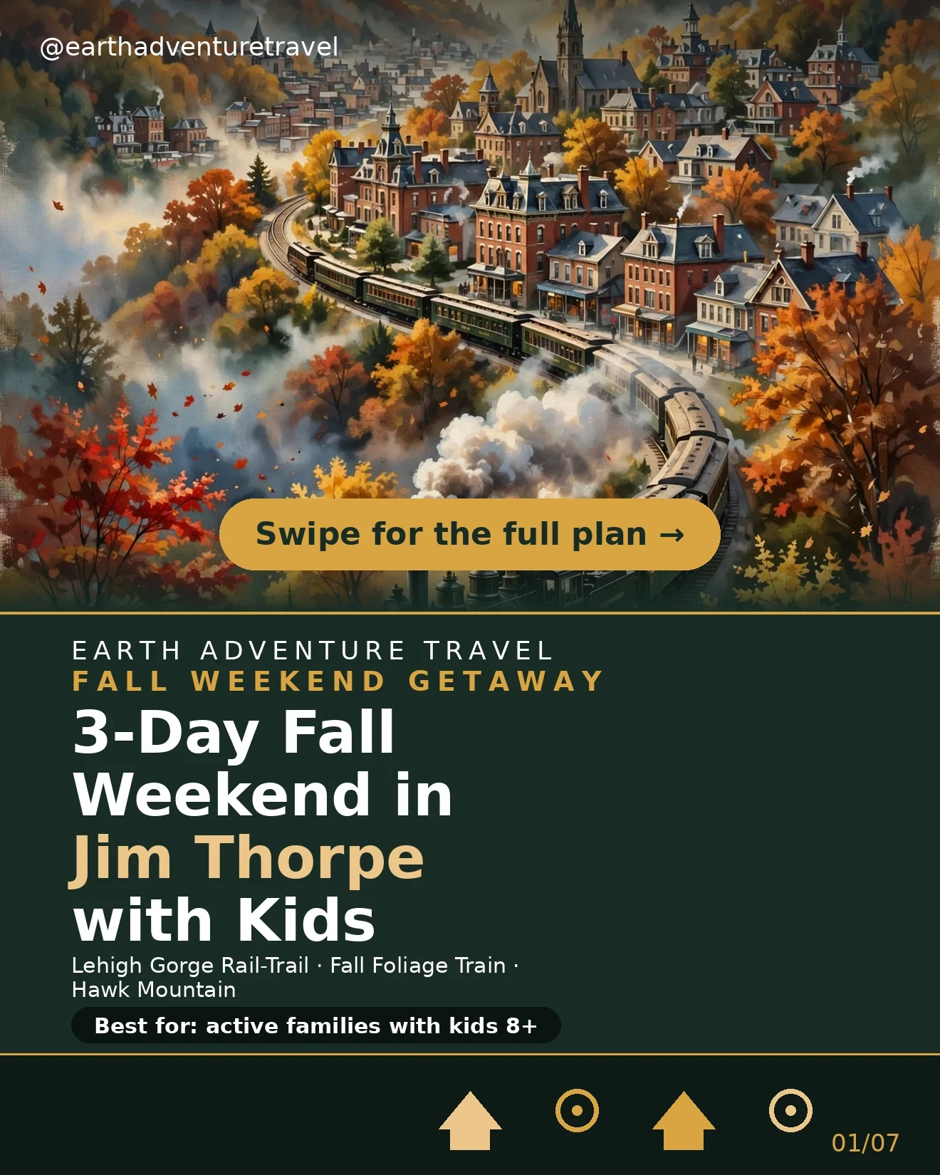 Illustrated Jim Thorpe fall weekend with a scenic train and colorful trees