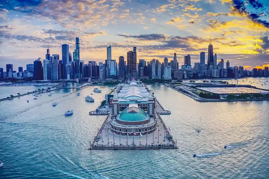 Navy Pier and the Chicago skyline from above at sunset