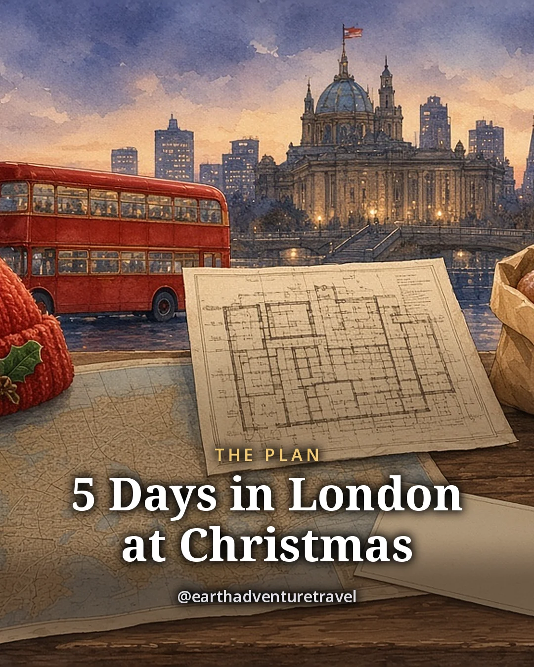 Illustration: a museum floor plan, a red bobble hat, a knitted scarf and a red double-decker bus beside a domed London skyline at dusk, original illustrated plan card for 5 days in London at Christmas