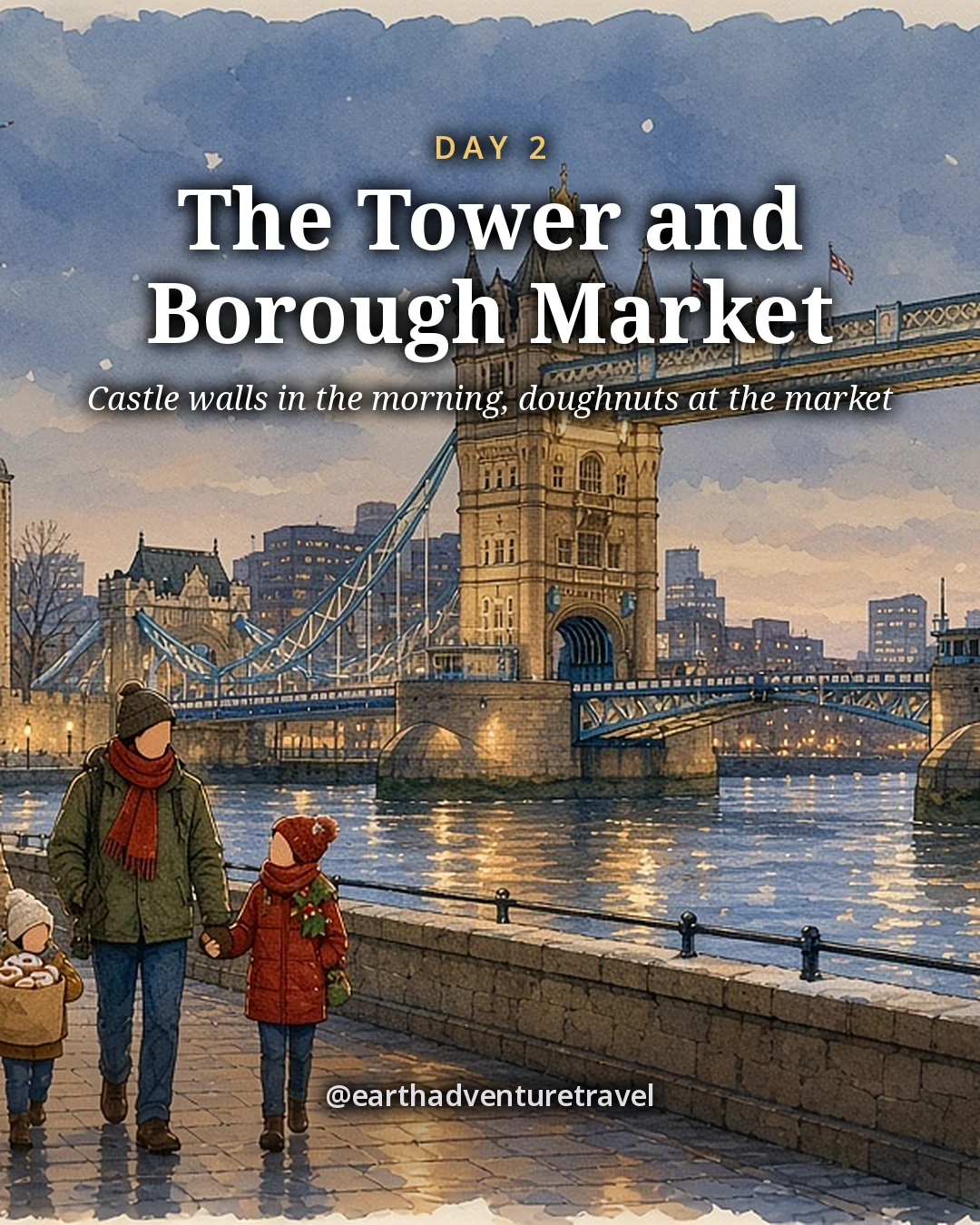 Illustration: a parent and child in winter coats walking a riverside path at blue hour, with Tower Bridge lit over the Thames behind them, illustrated day card for Day 2