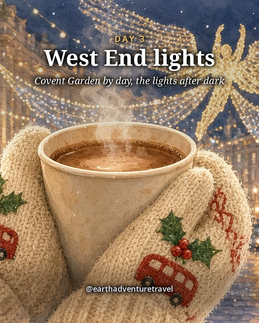 Illustration: a child’s knitted mittens wrapped around a steaming mug of hot chocolate, with glowing angel-shaped Christmas lights soft behind, illustrated day card for Day 3