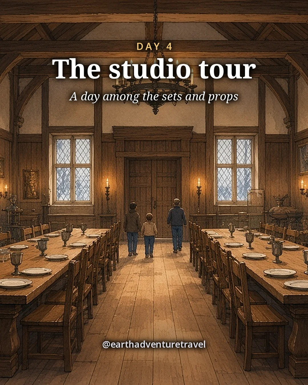 Illustration: a long wood-panelled great hall film set with long tables, stone fireplaces and tall leaded windows, a few small figures walking down the middle, illustrated day card for Day 4