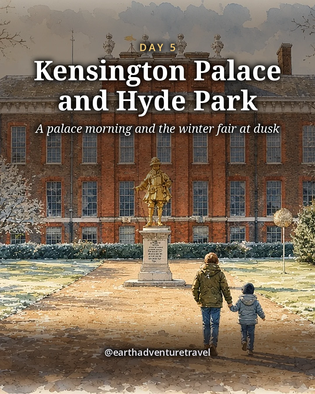 Illustration: a red-brick palace behind a statue on a frosty lawn, a parent and child in winter coats walking hand in hand across the grass, illustrated day card for Day 5