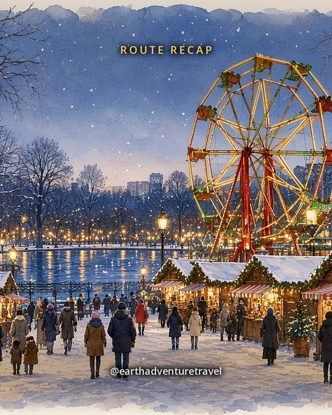 Illustration: a Christmas fair in a park at dusk, a lit observation wheel and wooden market stalls under snow, with small families walking between them, original illustrated recap card