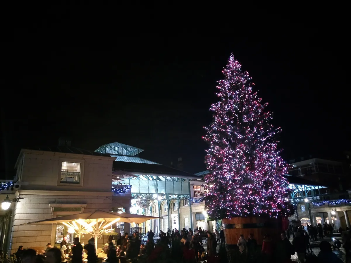 The Covent Garden Christmas tree lit up at night beside the old market building