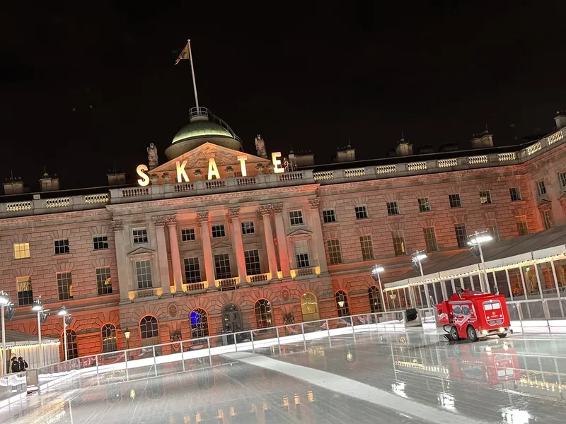The seasonal ice rink in the courtyard of Somerset House at night