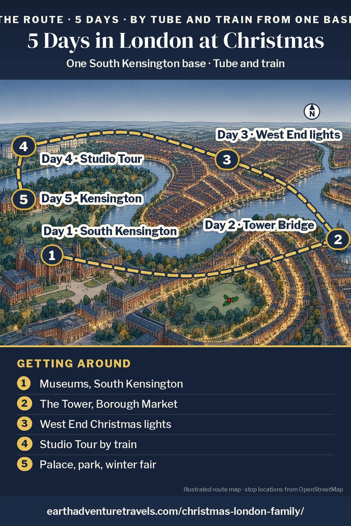 Illustration: route map of the five days, an illustrated bird’s-eye view of London in winter with the Thames curving through and numbered pins at South Kensington (Day 1), Tower Bridge (Day 2), the West End (Day 3), the studios at Leavesden (Day 4) and Kensington Palace (Day 5)