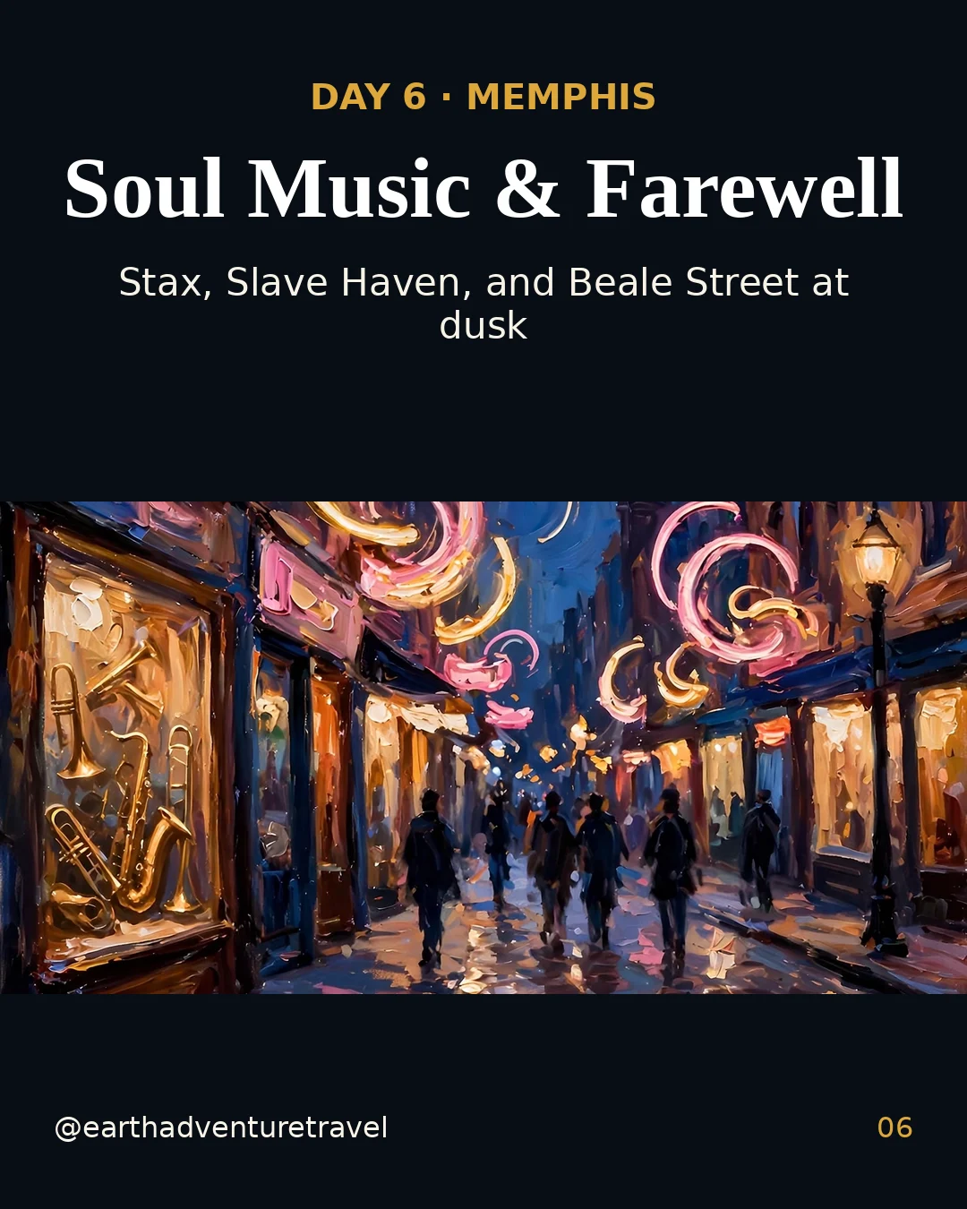Day 6 graphic: Beale Street in Memphis at dusk