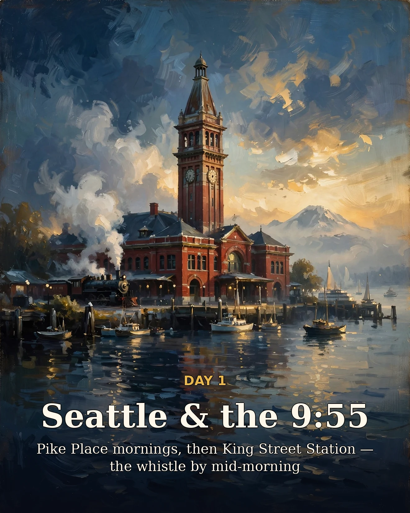 Day one itinerary card for Seattle and boarding the Coast Starlight