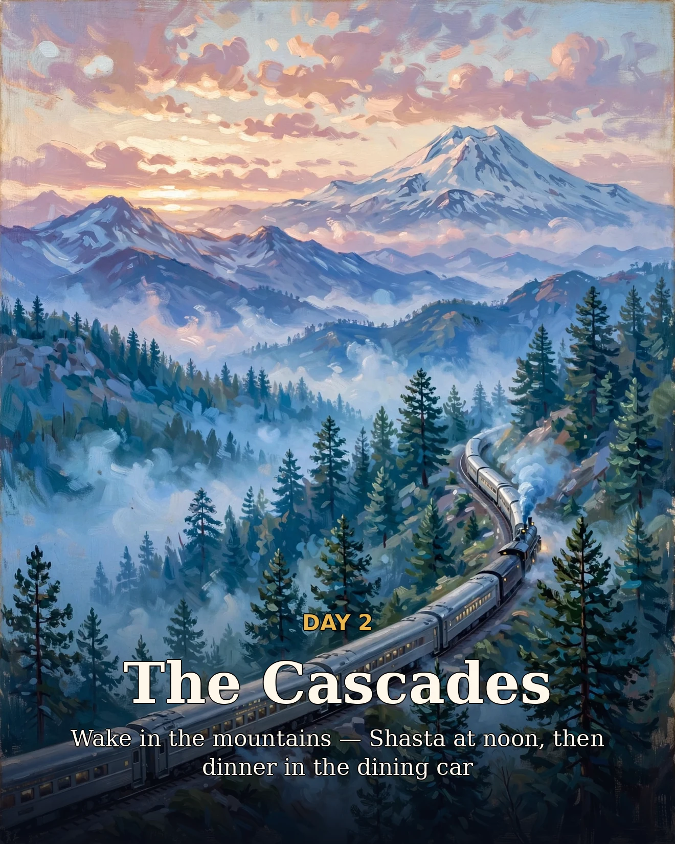 Day two itinerary card for the Cascade Range and Mount Shasta