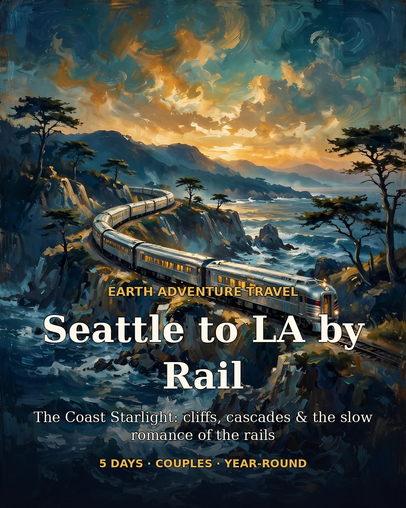 Painterly Coast Starlight cover: a silver train curving along Pacific coastal cliffs at golden hour