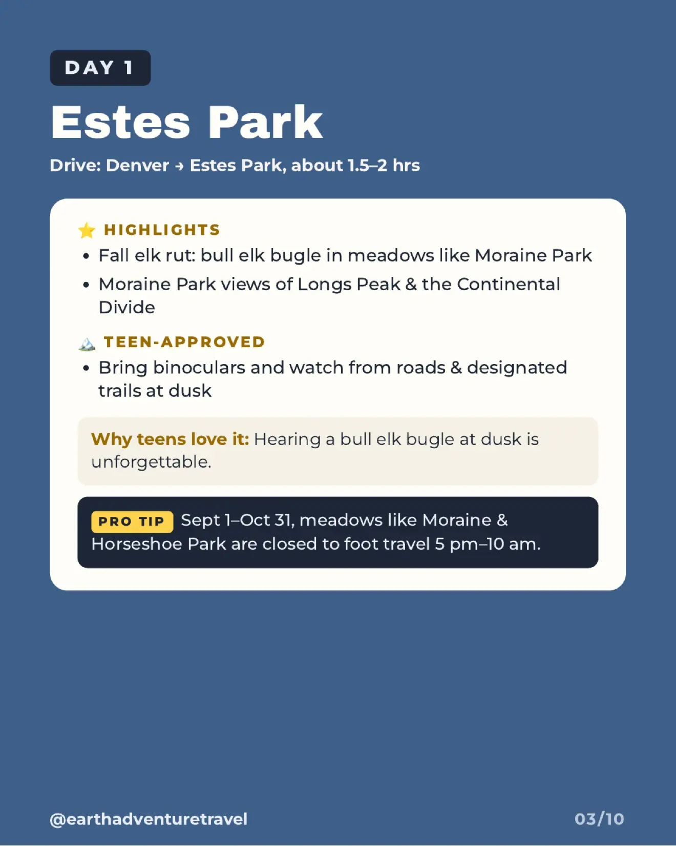 Day 1 itinerary artwork for Estes Park and the autumn elk rut