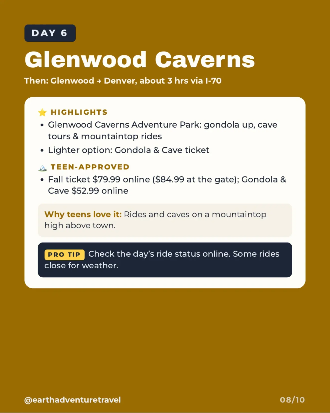 Day 6 itinerary artwork for Glenwood Caverns Adventure Park