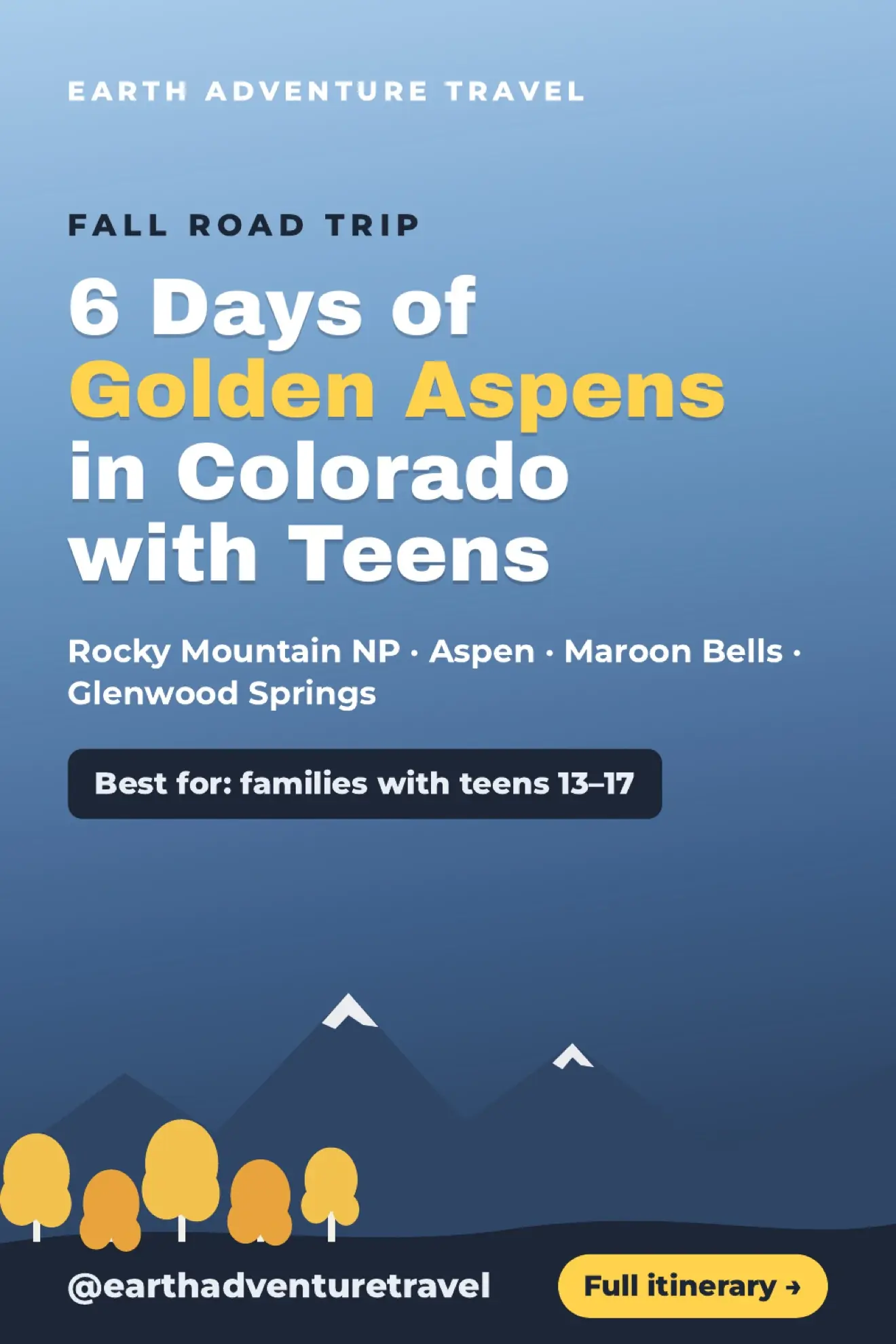 Illustrated cover for a six-day Colorado golden aspen road trip with teens