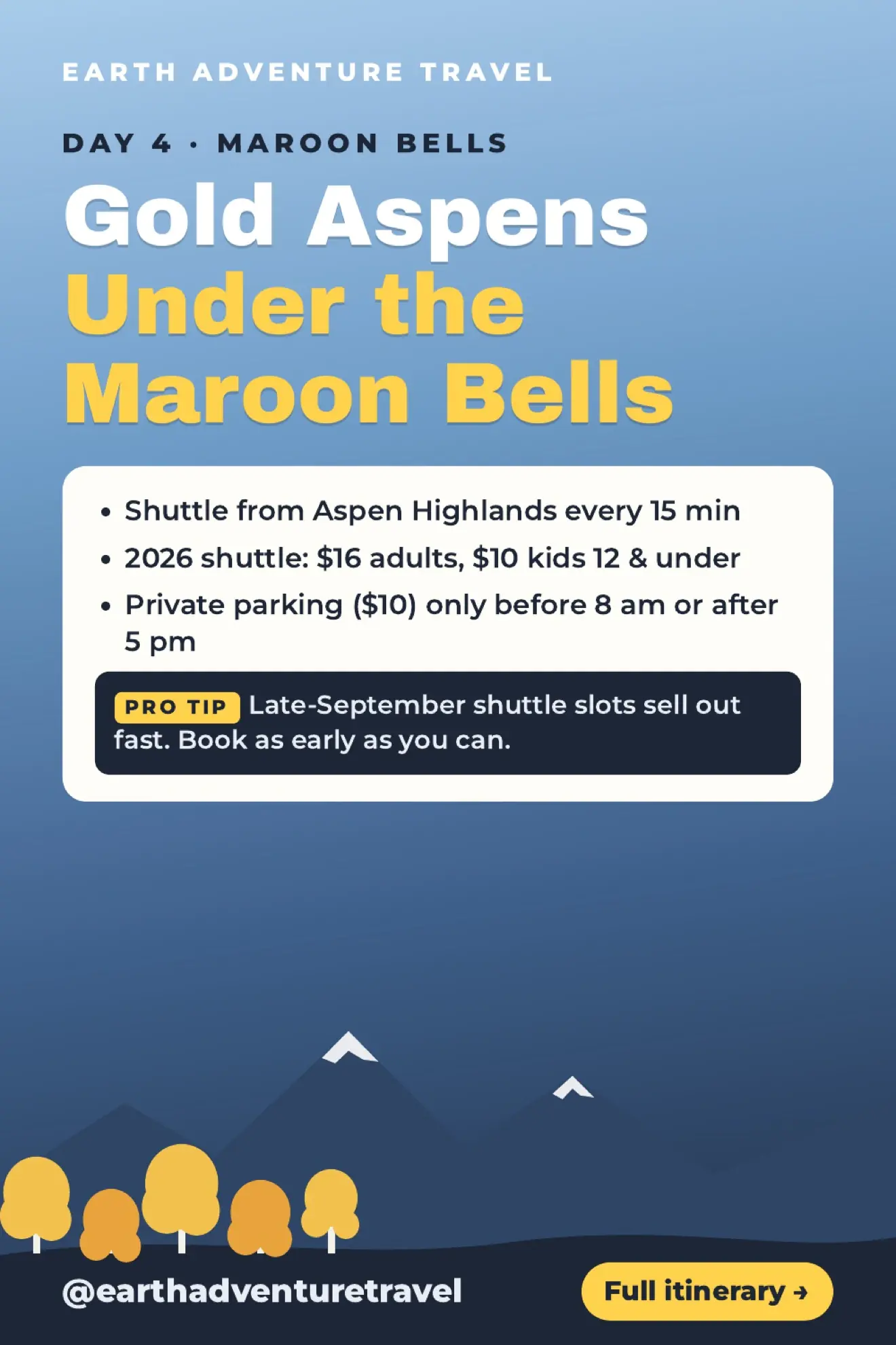 Planning graphic for a Maroon Bells day trip and shuttle