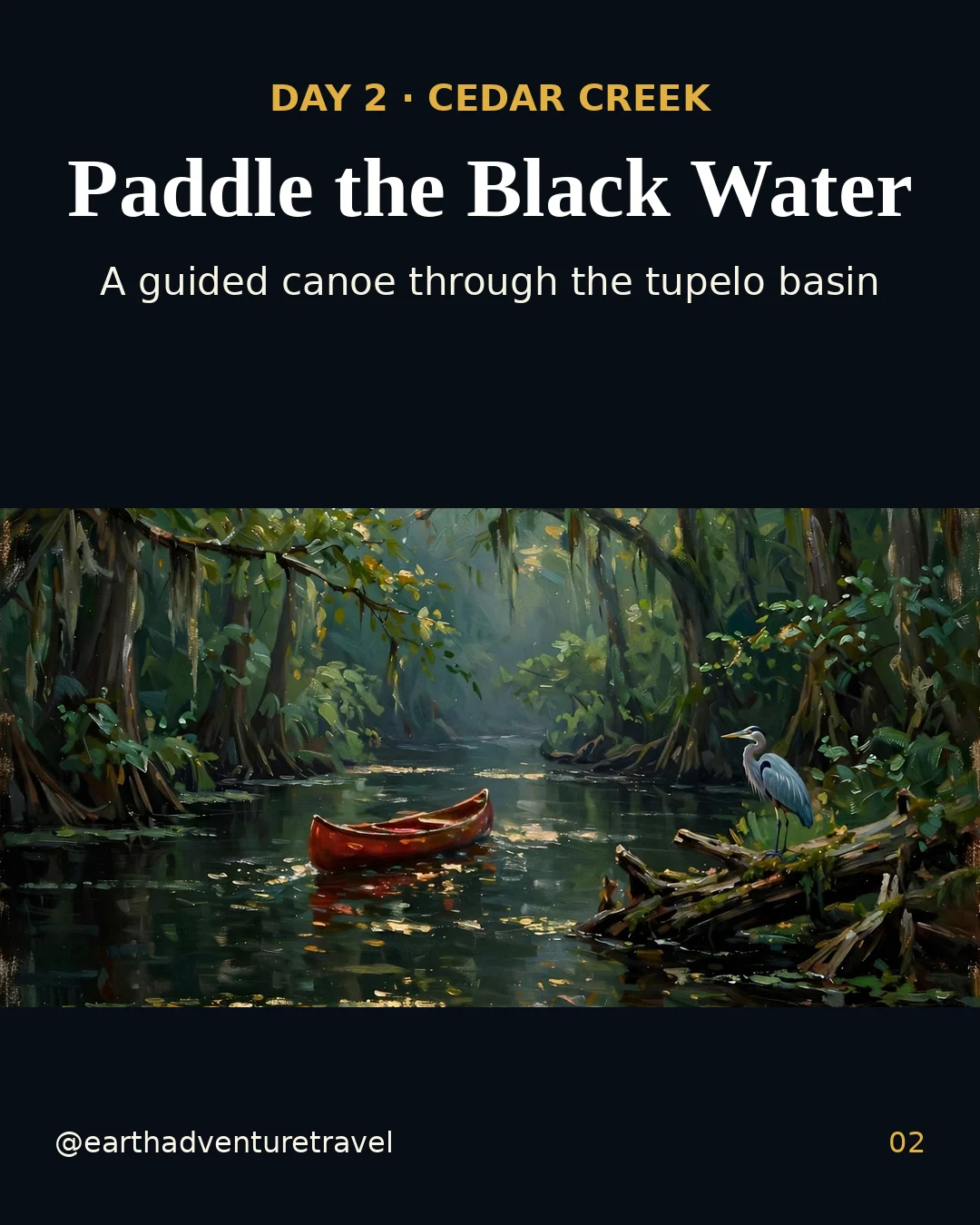 Day 2 graphic: a canoe on black-water Cedar Creek