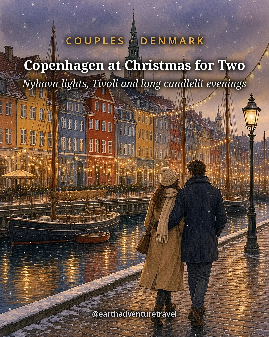 Illustration: the cover for Copenhagen at Christmas for Two, Nyhavn’s coloured houses and boats lit at dusk