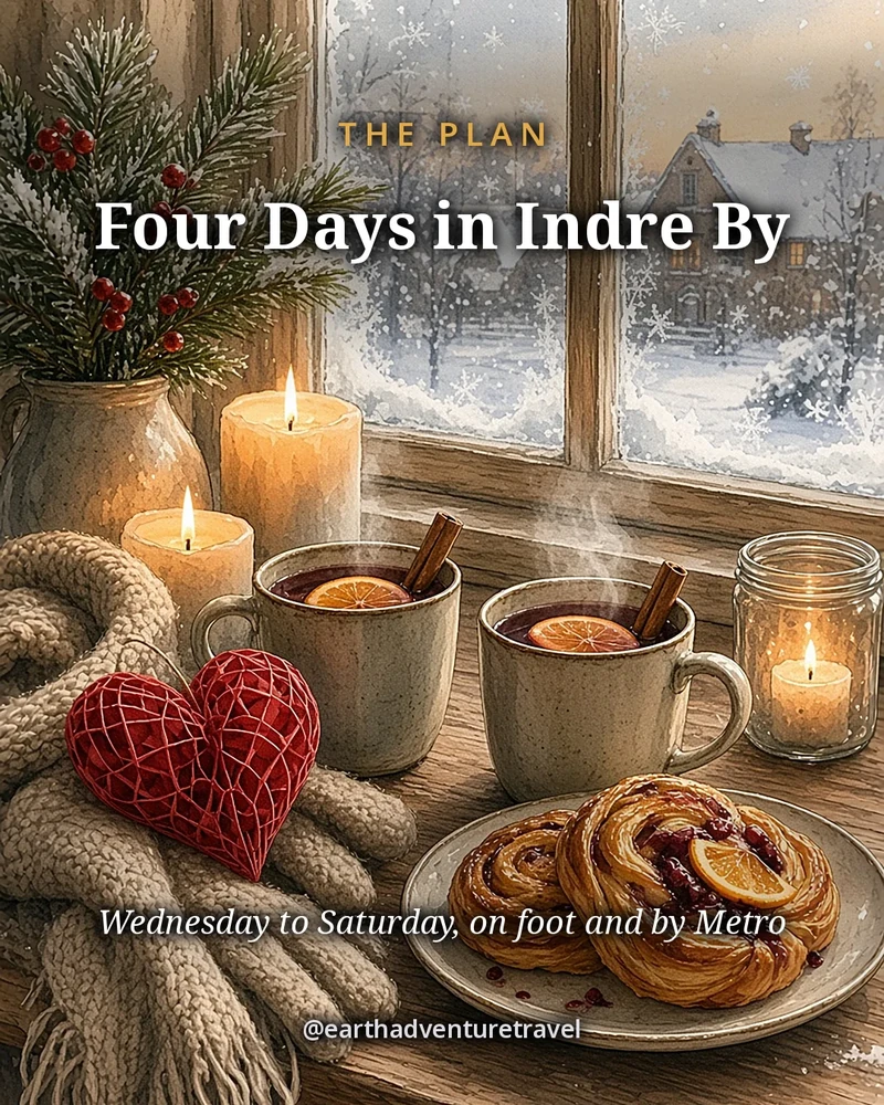 Illustration: an overhead flat lay for Copenhagen at Christmas, with a paper heart, a pastry, a sprig of fir and a map, original illustrated plan card