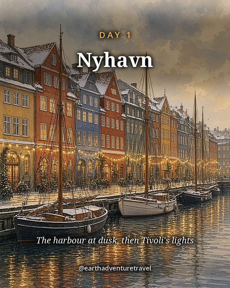 Illustration: Nyhavn at dusk in winter, the coloured gabled houses lit along the canal and the old boats moored below, original illustrated day card