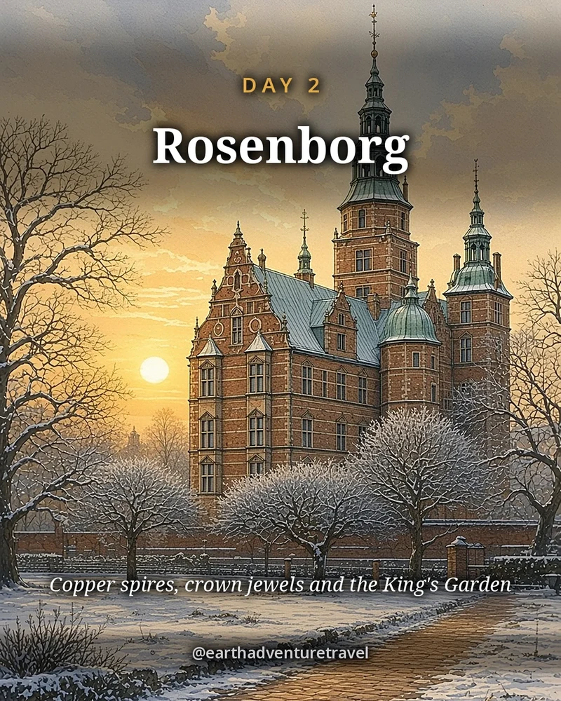 Illustration: Rosenborg Castle’s copper spires above the snowy King’s Garden, original illustrated day card