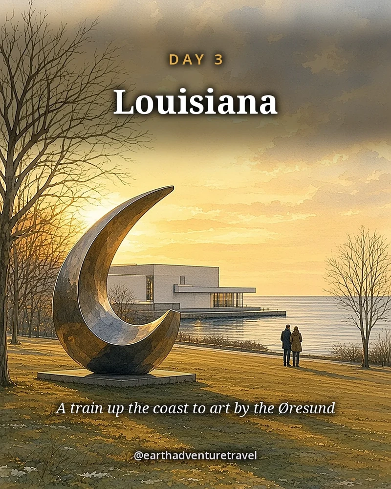 Illustration: the Louisiana museum’s low white galleries among bare trees above the grey Øresund, original illustrated day card