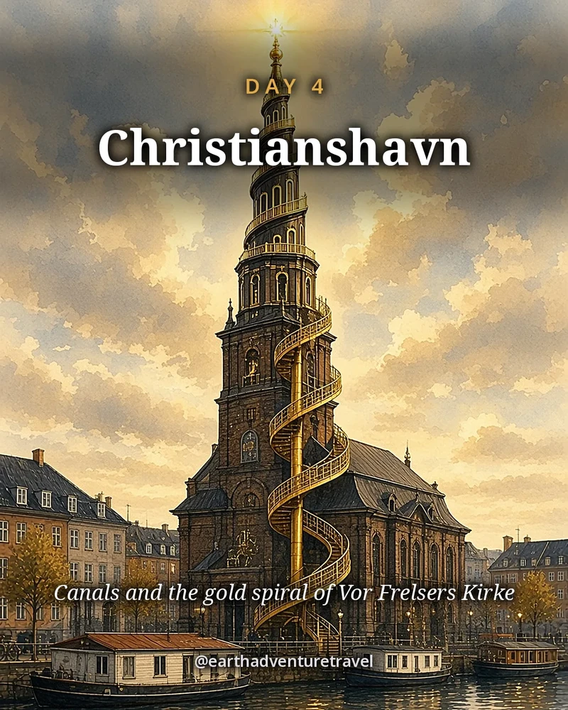 Illustration: the black and gold spiral spire of Vor Frelsers Kirke over the canals of Christianshavn in winter, original illustrated day card