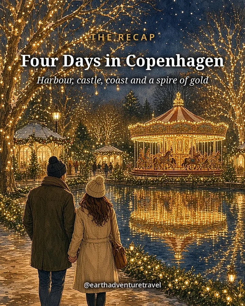 Illustration: the harbour, Rosenborg, the coast and the gold spire of Vor Frelsers Kirke at winter dusk, original illustrated recap card