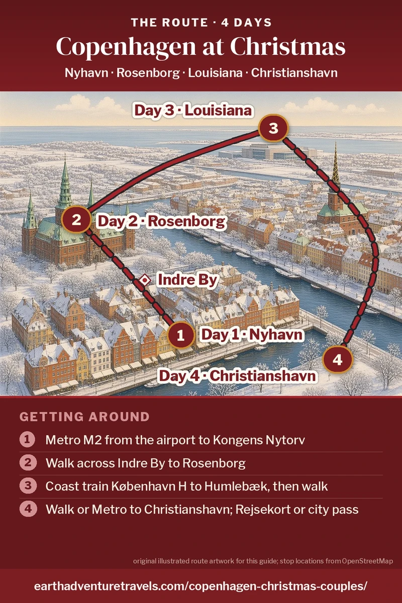 Illustration: a bird’s-eye view of Copenhagen in winter snow, Nyhavn’s coloured houses on the harbour, Rosenborg’s copper spires, Vor Frelsers Kirke’s spiral spire and the Louisiana museum on the coast beyond, with the four-day route: Day 1 Nyhavn, Day 2 Rosenborg, Day 3 Louisiana, Day 4 Christianshavn.