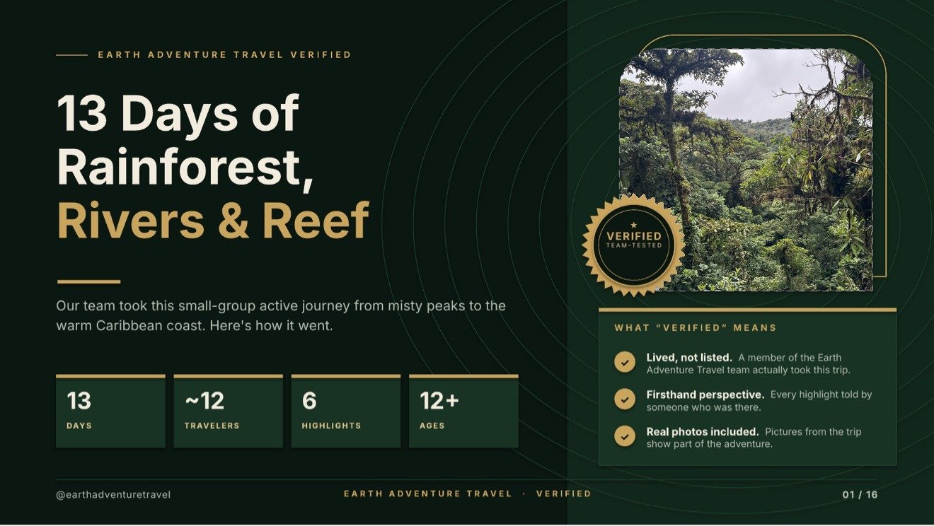 Cover slide for 13 Days of Rainforest, Rivers and Reef, with Costa Rica cloud forest and a Verified Team-Tested seal
