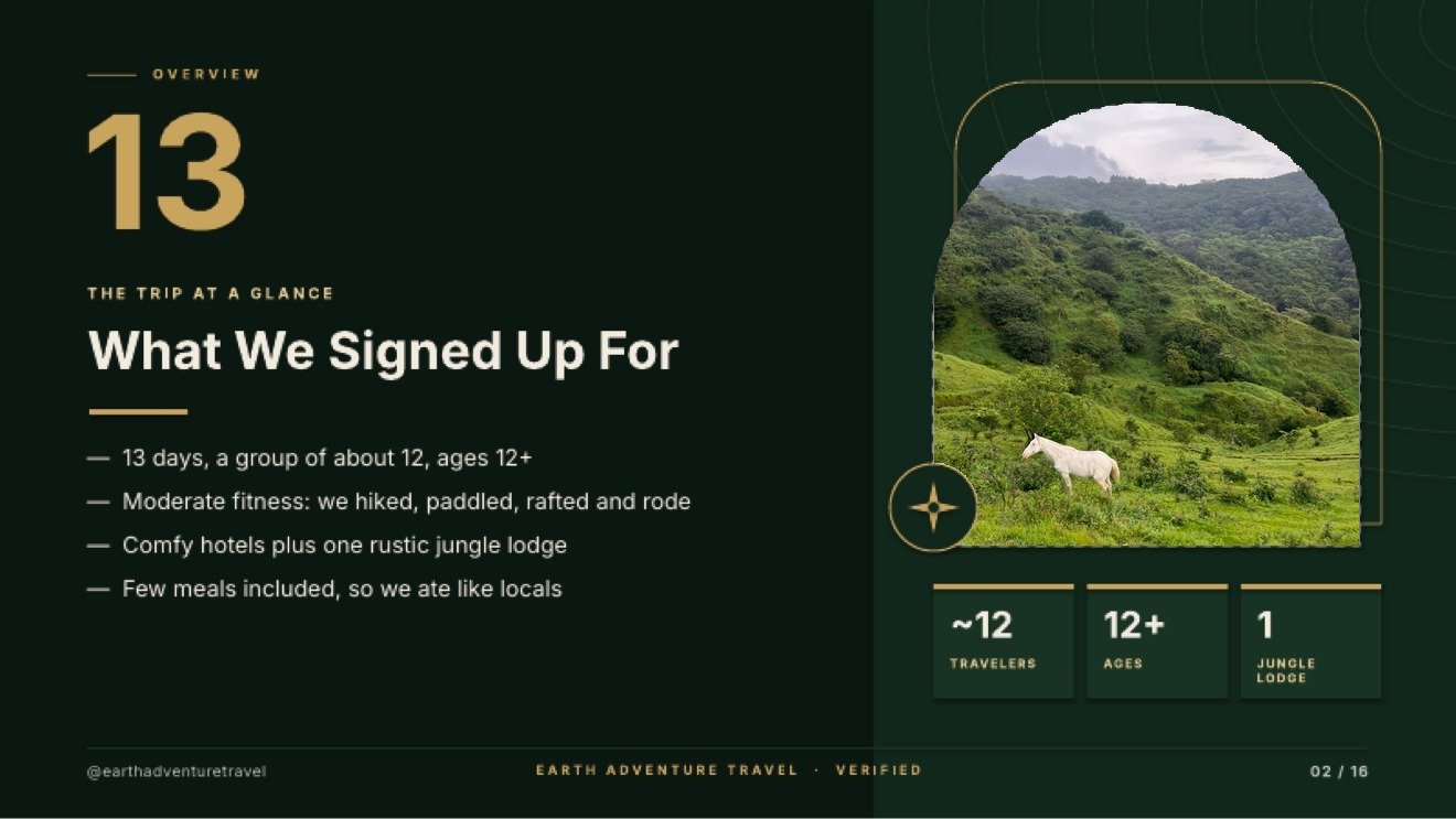 Trip overview slide with a white horse in a misty green valley and details for the 13-day small-group journey