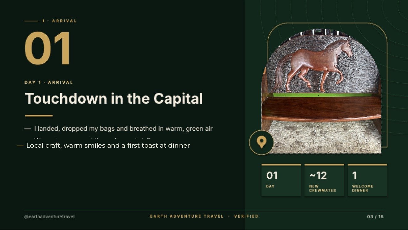 Day 1 arrival slide titled Touchdown in the Capital, with a carved horse at the first hotel