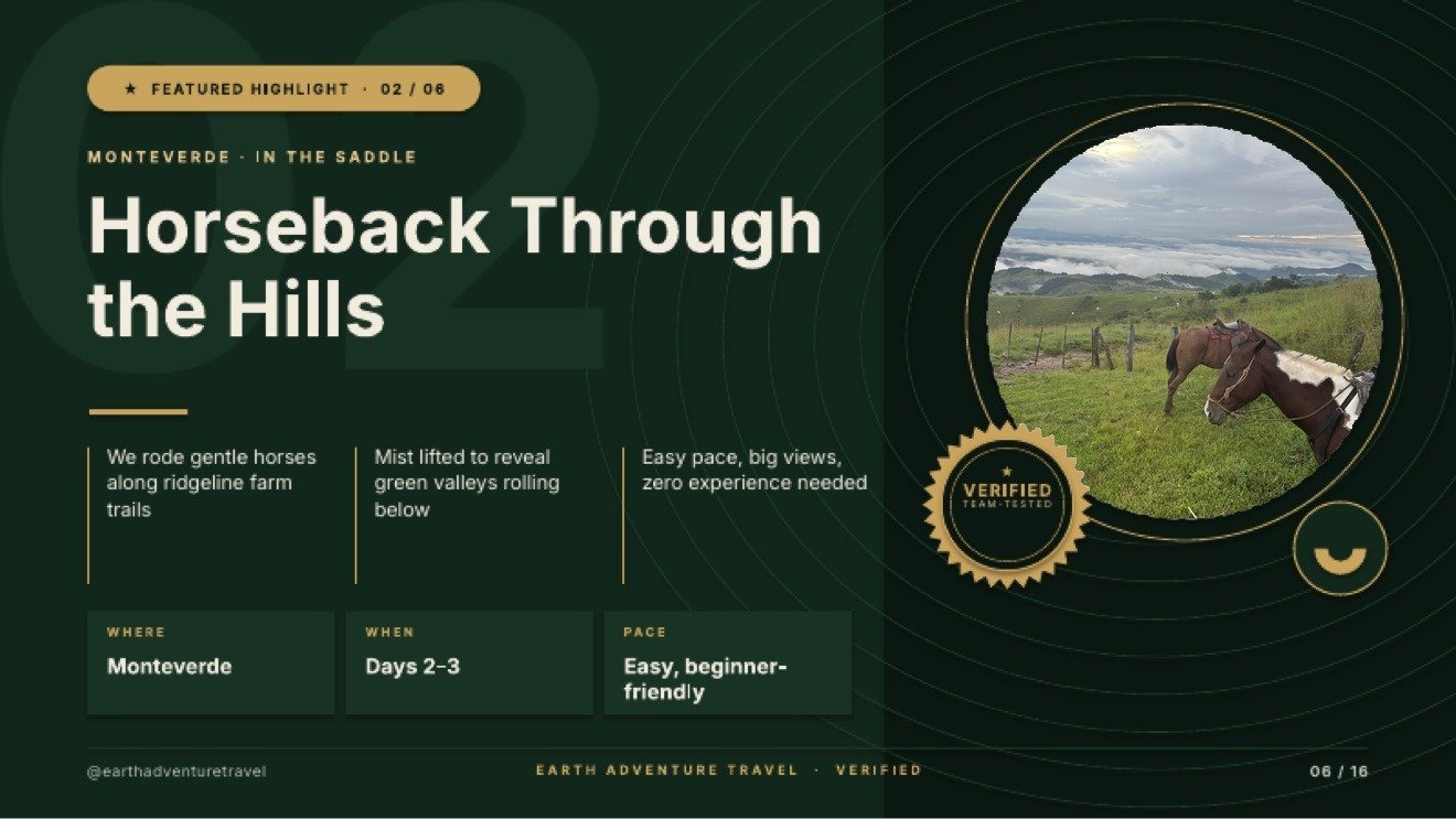 Featured highlight slide titled Horseback Through the Hills, with saddled horses on a misty Monteverde ridge
