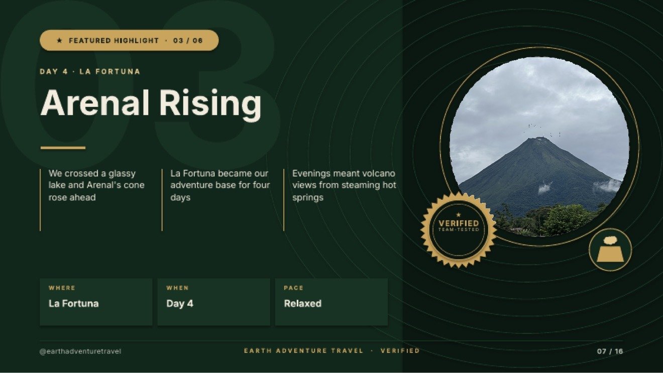Featured highlight slide titled Arenal Rising, with Arenal Volcano beneath a layer of cloud