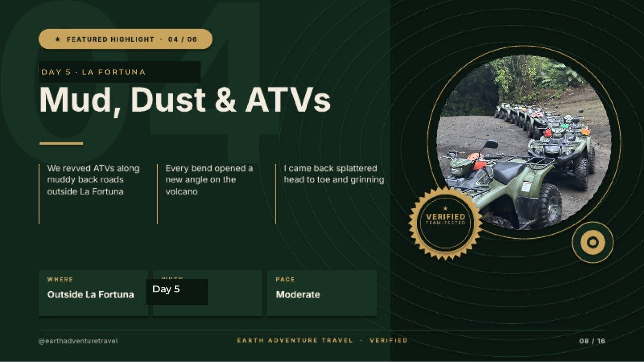 Featured highlight slide titled Mud, Dust and ATVs, with a row of quad bikes outside La Fortuna