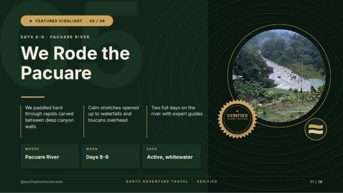 Featured highlight slide titled We Rode the Pacuare, with the river running through a steep green canyon