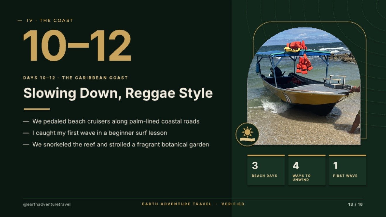 Days 10 to 12 Caribbean coast slide titled Slowing Down, Reggae Style, with a small snorkeling boat at the shore