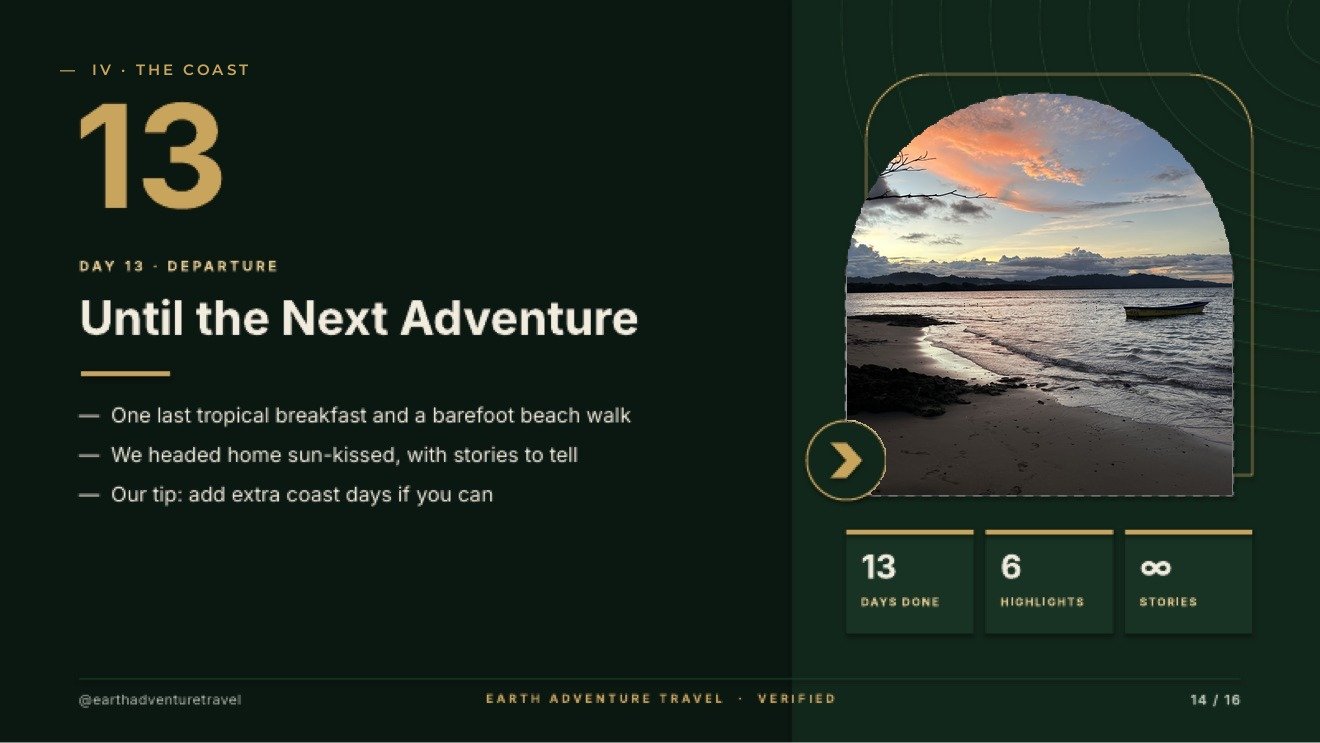 Day 13 departure slide titled Until the Next Adventure, with boats silhouetted on a calm beach at sunset