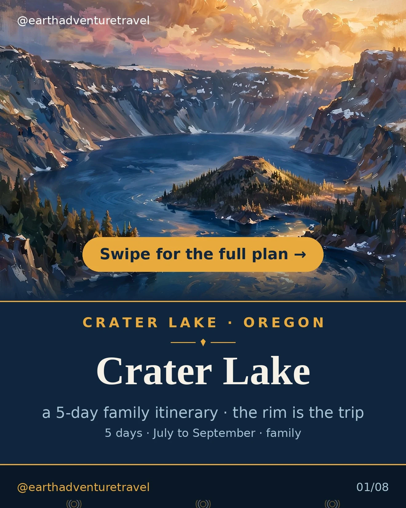 Crater Lake family trip cover: Wizard Island in the deep blue caldera at golden hour
