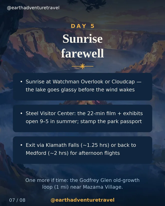 Day 5 graphic: sunrise farewell over the caldera