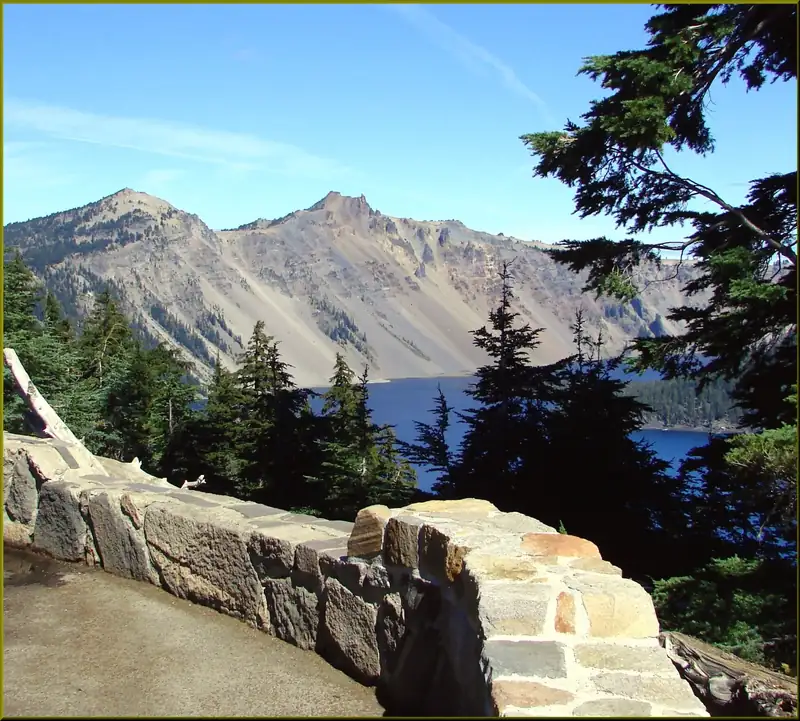 The Watchman peak above Crater Lake's blue water