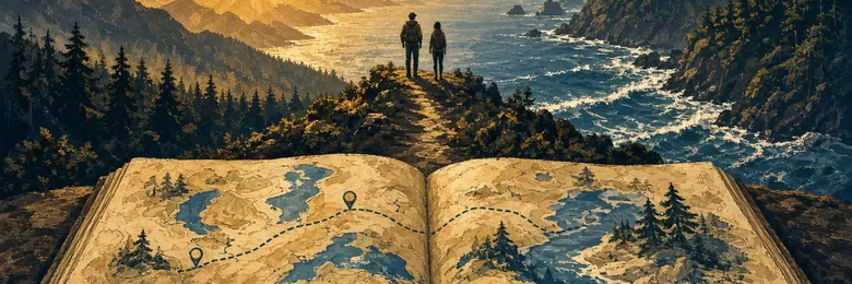 Illustrated travel journal with a winding route and pins