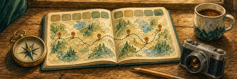 Illustrated open map journal with a dotted route, compass and camera