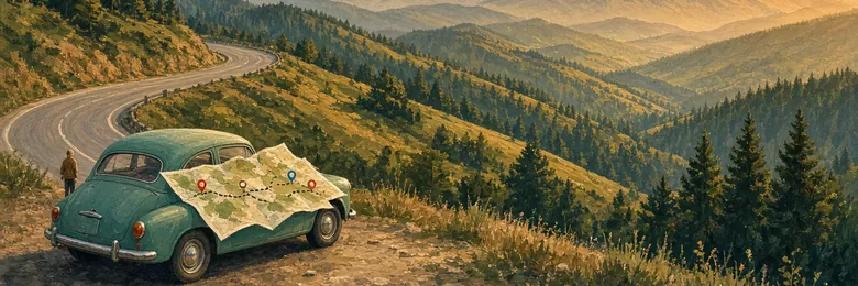 Illustrated vintage car at a mountain overlook with a route map