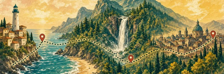 Illustrated route from a lighthouse coast past a waterfall to a hill town