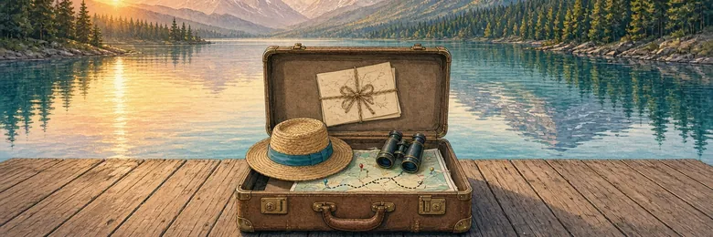 Illustrated open suitcase on a lake dock with a hat, map and binoculars