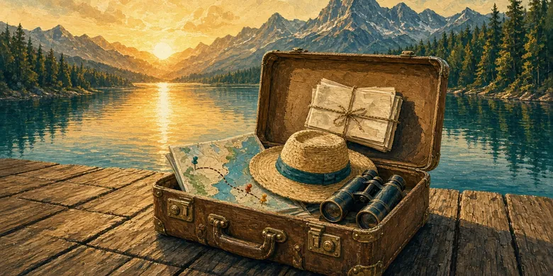 Illustrated open suitcase on a lake dock with a hat, map and binoculars