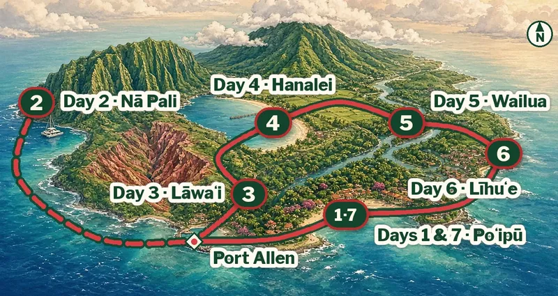 Illustrated route map of Kauai: a loop from the Poʻipū base on the south shore, Day 2 Nā Pali by boat from Port Allen, Day 3 the Lāwaʻi Valley gardens, Day 4 Hanalei Bay in the north, Day 5 the Wailua River, Day 6 Līhuʻe, and Day 7 back in Poʻipū