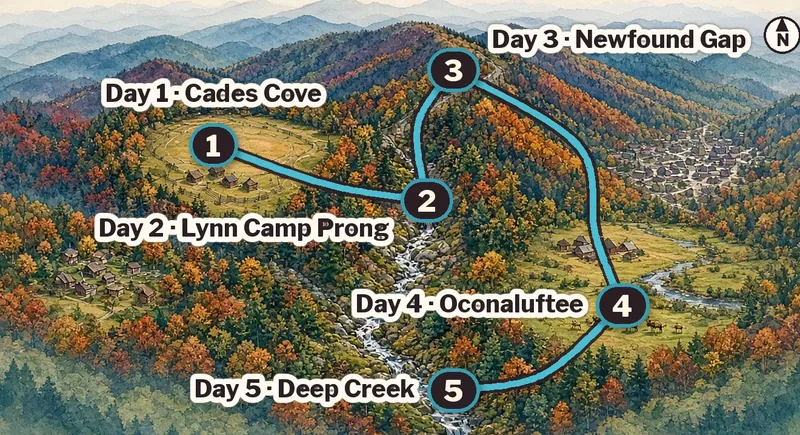 Illustrated route map of the Great Smoky Mountains: Day 1 Cades Cove, Day 2 Lynn Camp Prong, Day 3 over Newfound Gap, Day 4 Oconaluftee, Day 5 Deep Creek